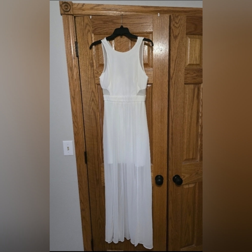 Bijou Bijou White Scoop Neck Illusion Cut Out Maxi Slit Sheer Dress